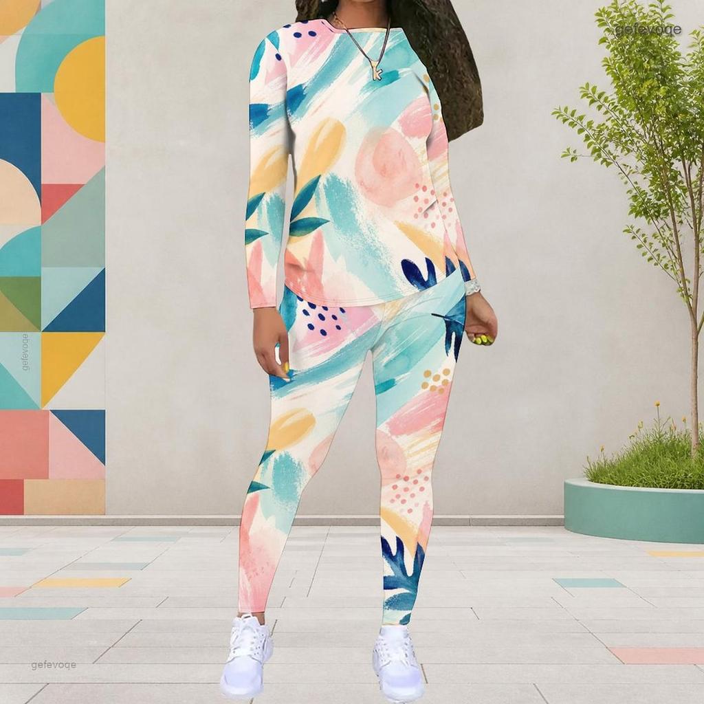 Women Plus Size Round Neck Long Sleeve Printed Top And Fitted Pants Two Piece Set