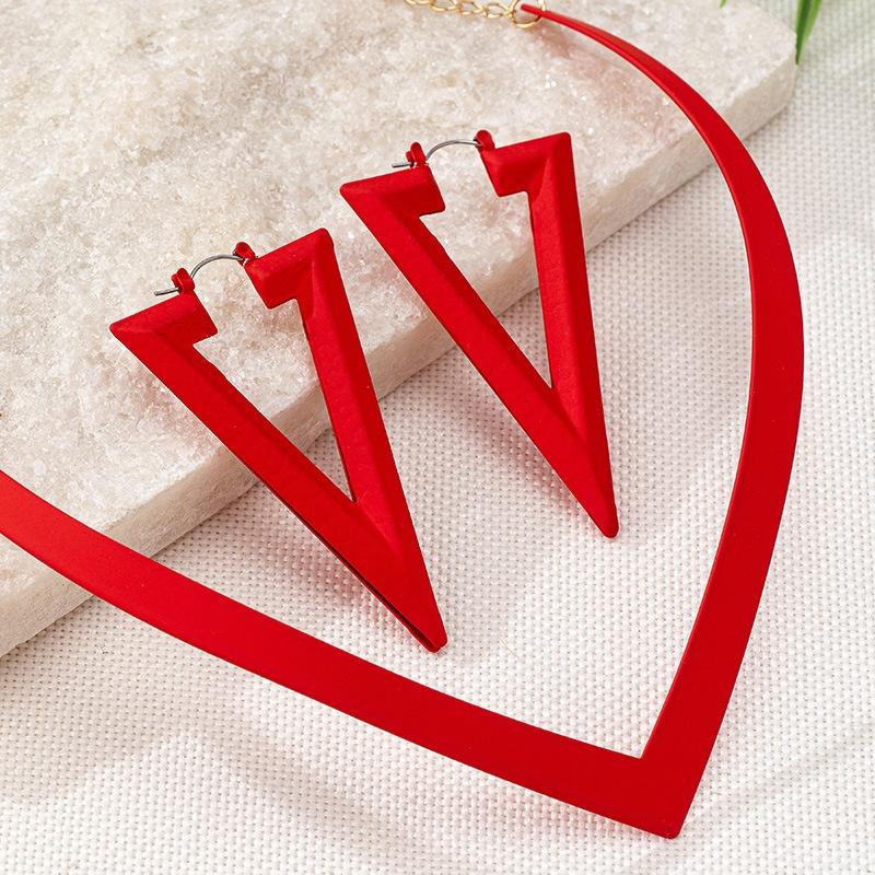 Red Color Simple Triangle Geometric Exaggerated Earrings Choker Necklace Jewelry Set Women Female Party Wedding Accessories