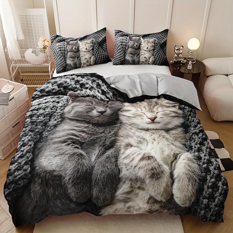 3pcs Cute Cat Bedding Set - 1 Duvet Cover + 2 Pillowcases, All-Season Soft Polyester 100%, Machine Washable Cozy Animal Design