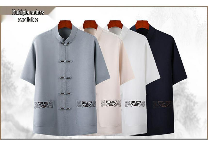 Men's Summer Chinese Style Short-Sleeve Tang Suit Set - Cotton & Linen Casual Tai Chi Outfit for Middle-Aged & Elderly