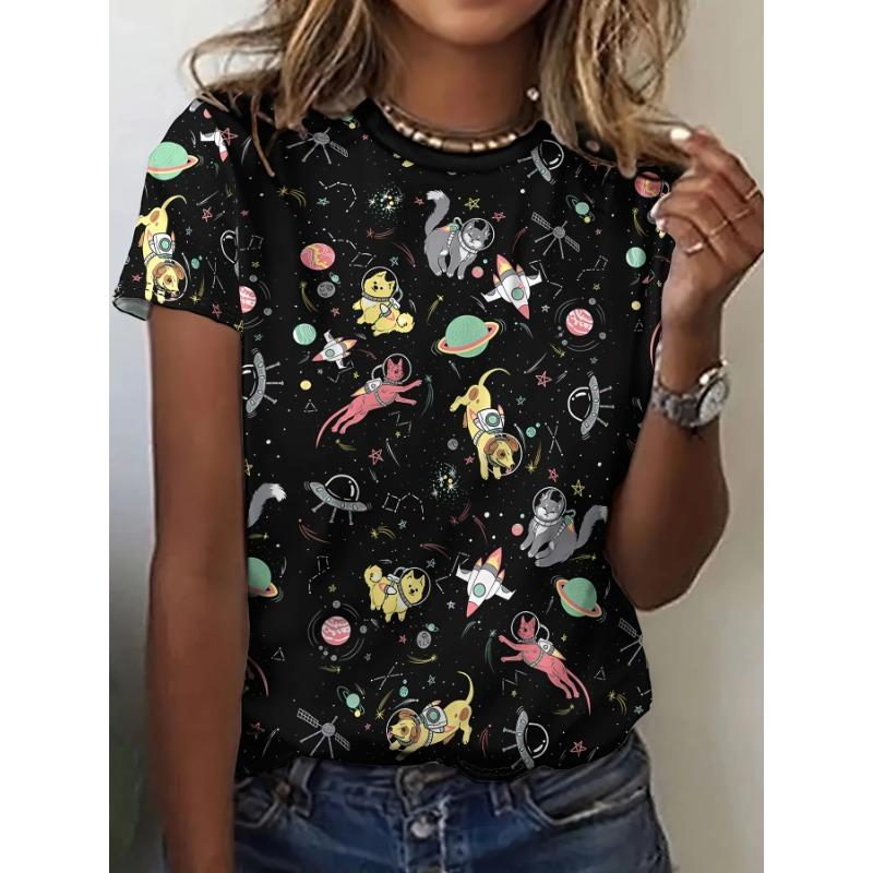 Summer Round Neck 3D Cat Print Top Fashionable Casual Short Sleeved Women's T-shirts