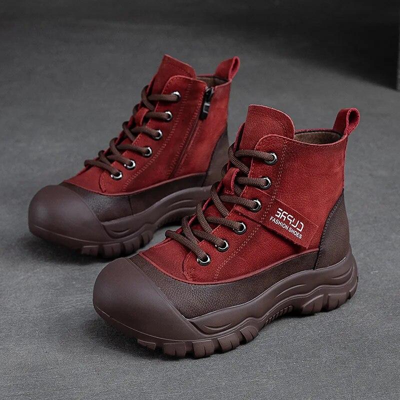 Johnature Stivaletti Invernali Caldi di Peluche Retro in Vera Pelle Tinta Unita Comodi Versatili Scarpe da Donna