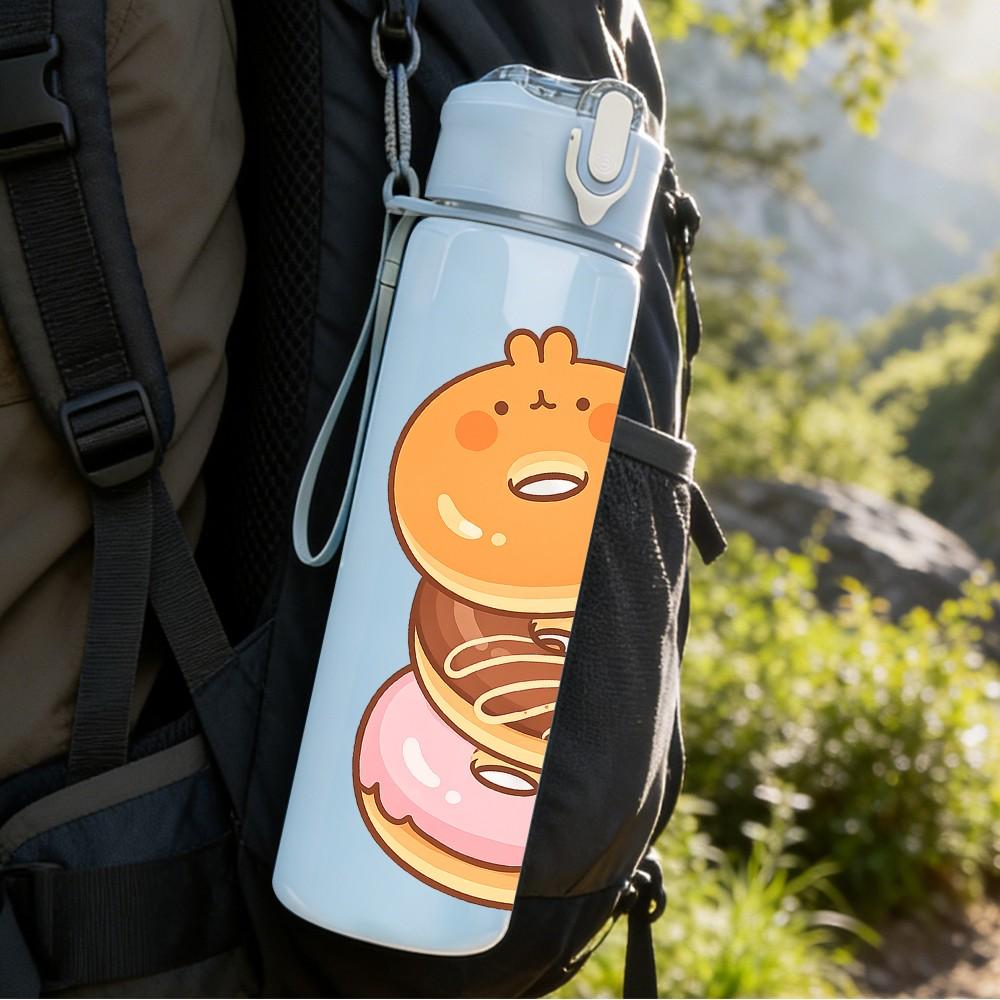 1PC Donut Cartoon Pattern 750ml Color Plastic Sports Water Bottle Leakproof Flip Straw Lid Suitable for Sports Office Home Use