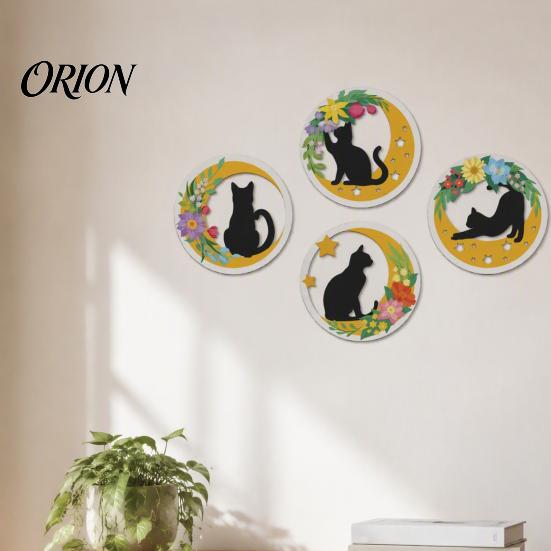 Boho Cat Wall Decorations 4Pcs Wooden Decor, 2D Flat Round Art with Flower Rustic for Home Moon Elements, Lightweight Decorative Hanging Signs Living
