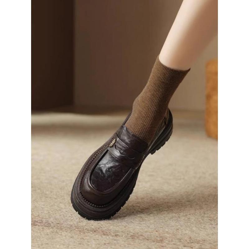 Rindslederversion, Echtleder Dicksohlige kleine Lederschuhe, Damen Ein-Pedal Lazy Goldschnalle Dickabsatz Einzelne Schuhe