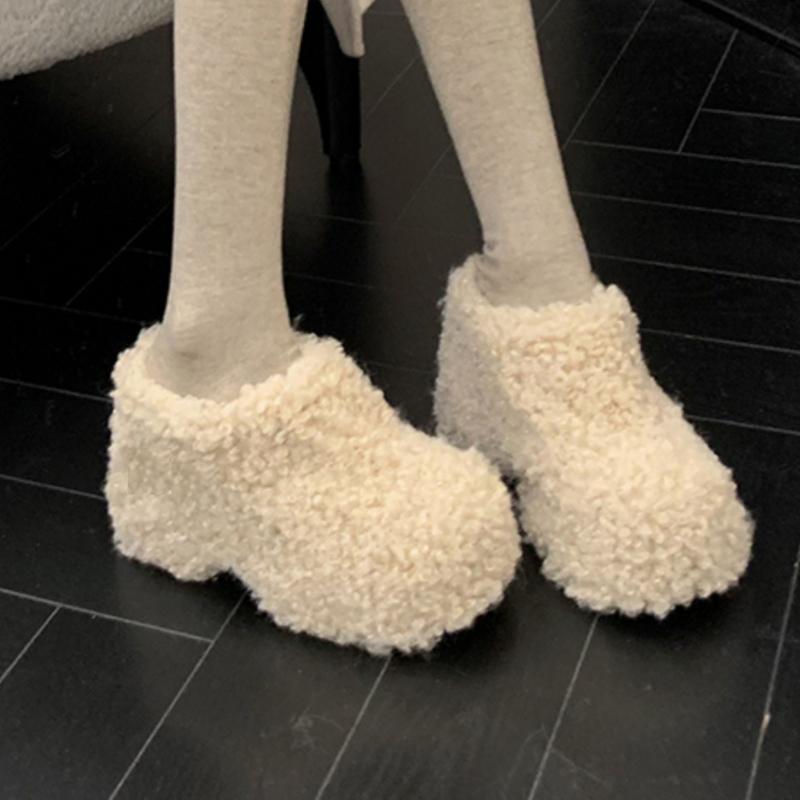 2026New High Heels Women's Cotton Slippers Fur Platforn Casual Warm Mules Shoes Fashion Short Plush Winter Snow Boots Para Mujer