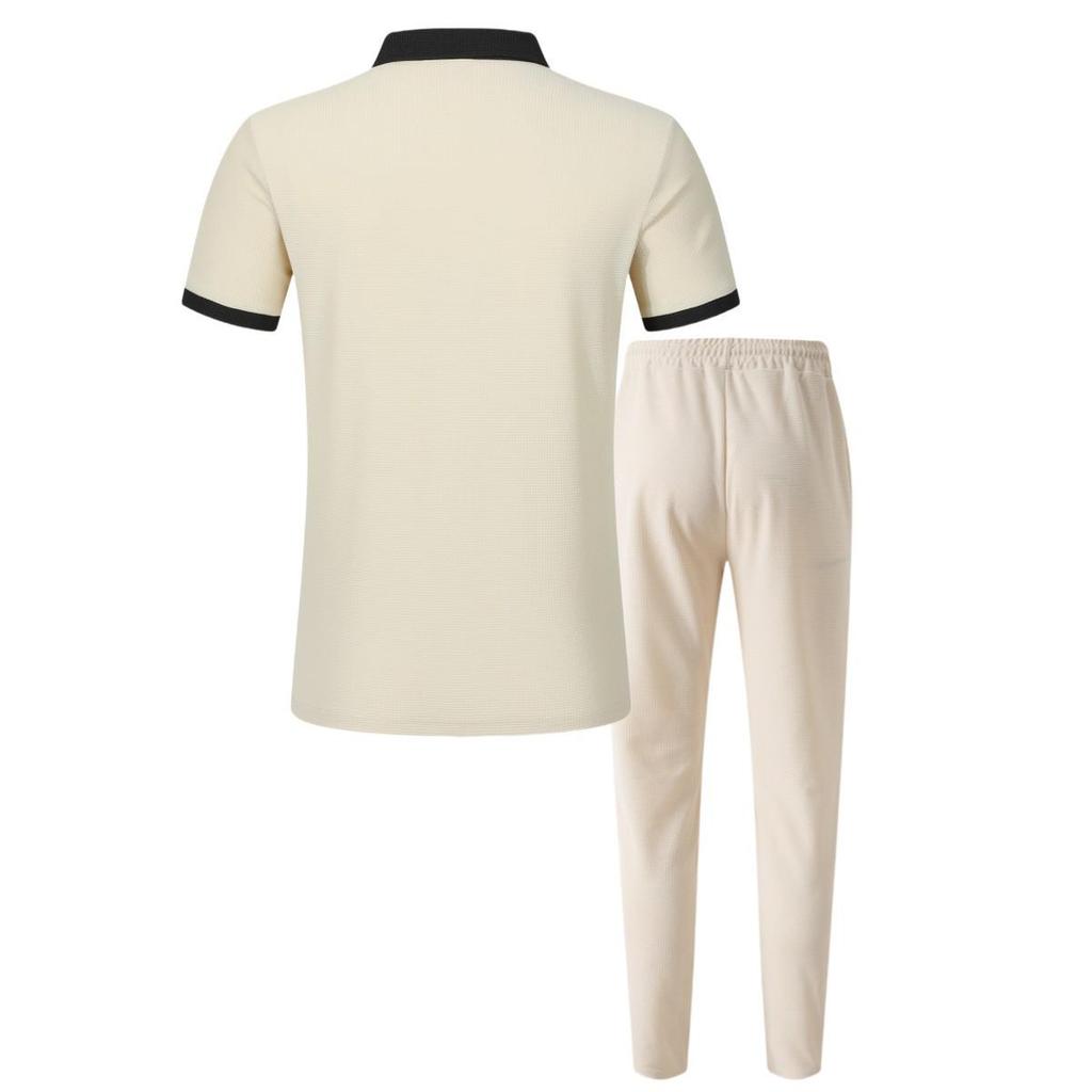 2025 Men's Waffle Colorblock Patchwork Turn-Down Collar Button Shirt & Long Pants Set