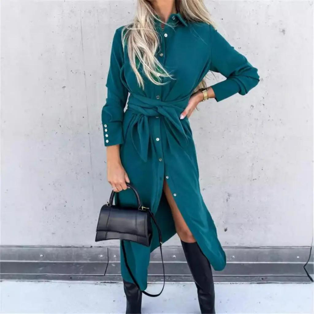 Women's Cotton Button Down Maxi Long Sleeve Lapel Collared Long Dress Lace Up Waist Ladies Robes