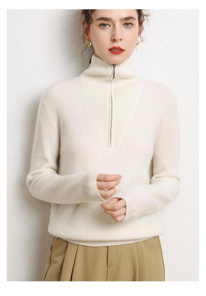 2024 Autumn/Winter Women's Cashmere Polo Collar Sweater with Yuanbao Stitch and Zipper - Long Sleeve, Warm, Versatile Knit.