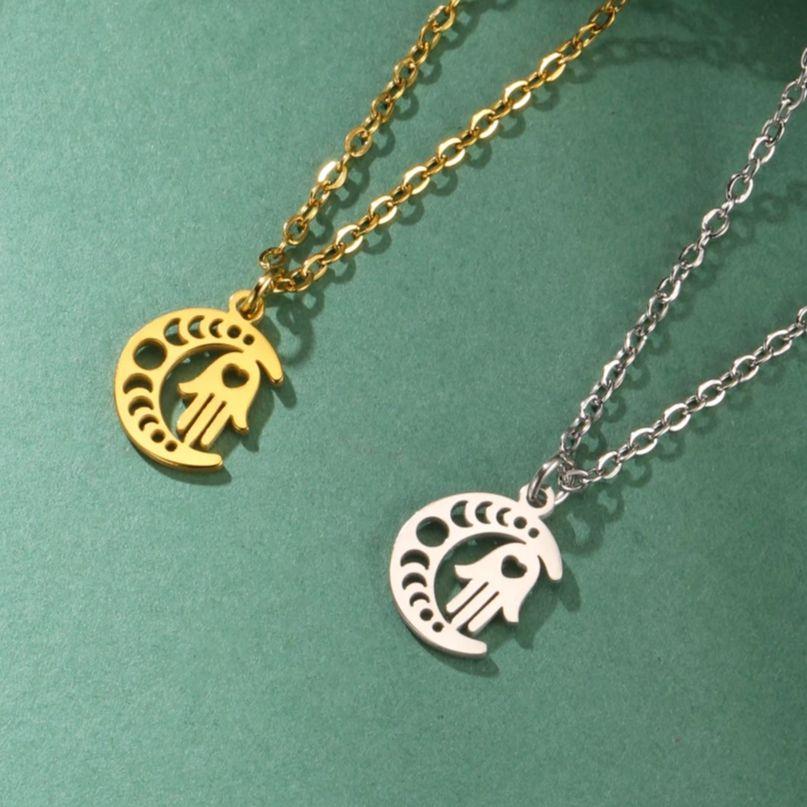 LIKGREAT Arabic Hamsa Hands Necklace Women Men Amulet Crescent Moon Hand of Fatima Evil Eye Stainless Steel Islamic Jewelry