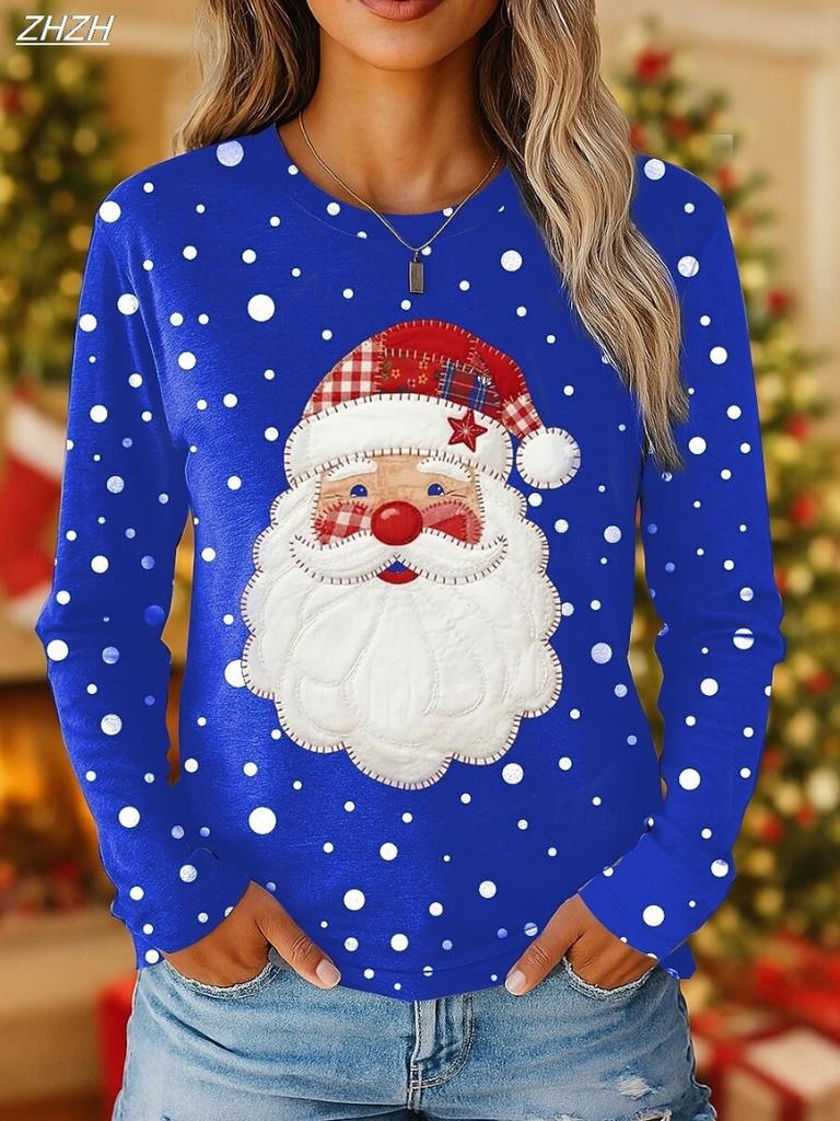 Dames Klassiek Kerstman Print Lange Mouwen, Feestelijk Ronde Hals Top, Feestelijke Casual Stijl, Herfst Winter Seizoensgebonden Mode T-shirt