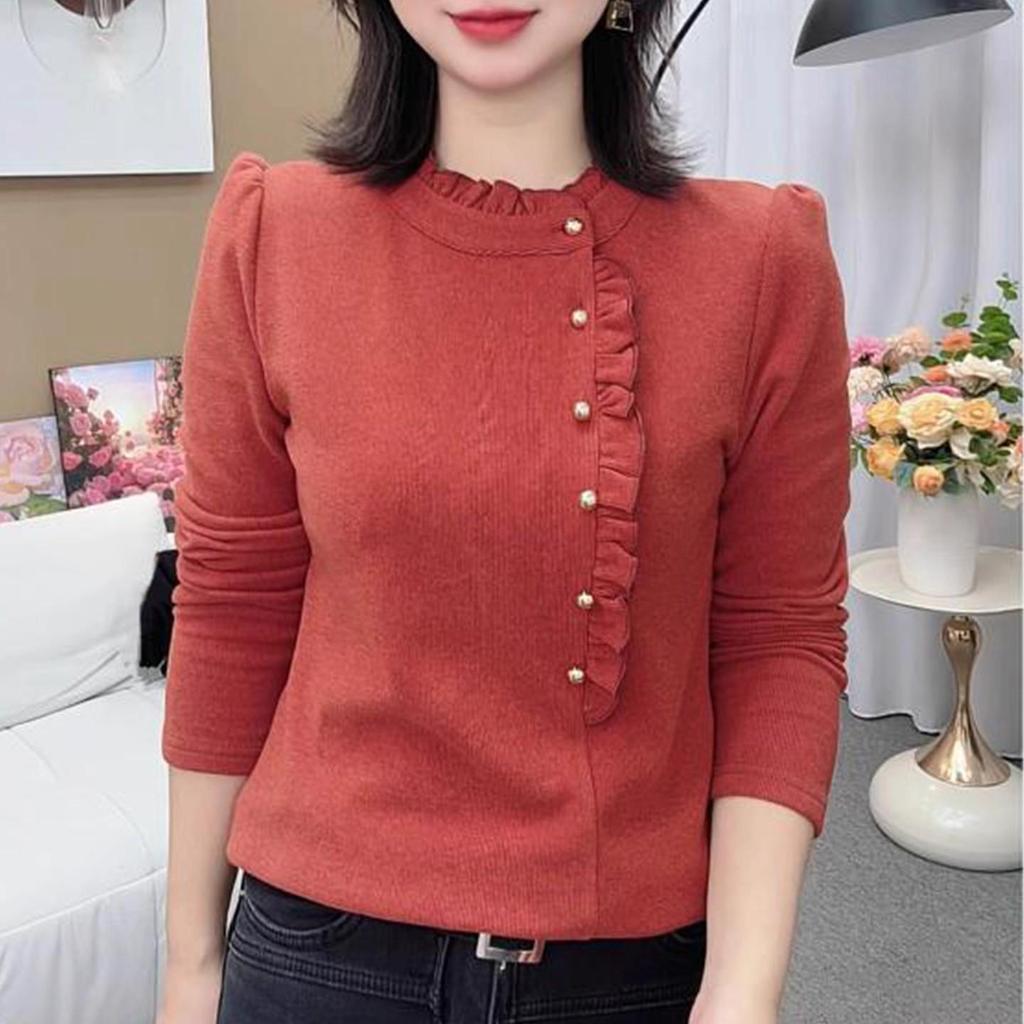 Autumn/Winter Plus Size Women's Long Sleeve Top - Tummy Covering, Half-High Collar, Button Detail, Ideal for Middle-Aged and Elderly Moms.