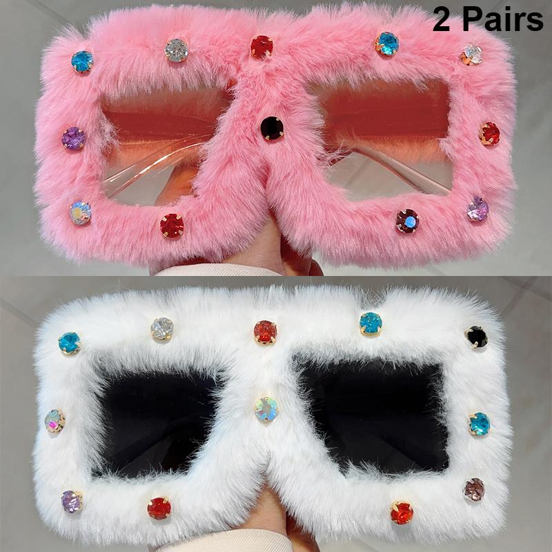 2 Pairs Square Furry Sunglasses with Rhinestones Women Fashion Oversized Winter Shades Trendy Chic Original Handmade Sun Glasses
