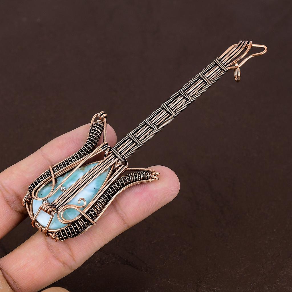 Natural Republic Larimar Handmade Copper Wire Wrap Guitar Pendant 4.53" e1b93