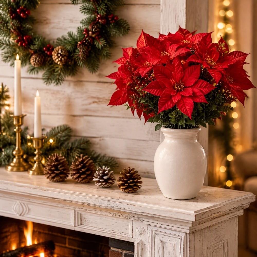 UV Resistant Artificial Poinsettia Bouquet 36cm Xmas Faux Poinsettia Fireplace