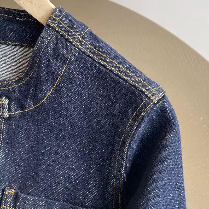

Women s Short Denim Jacket - New Chinese Style, Frog Button, Round Neck S