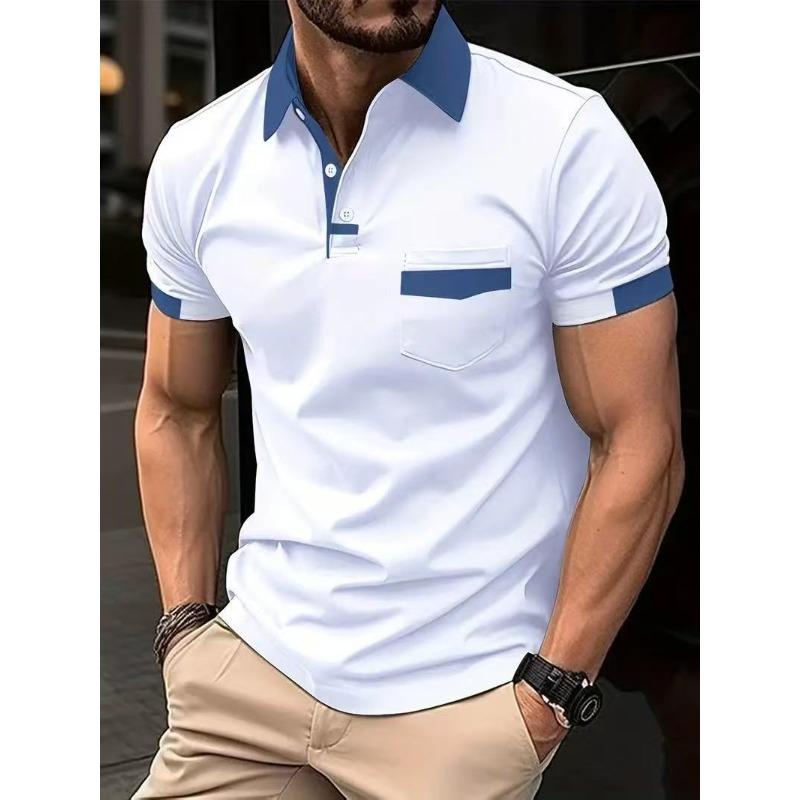 Men s Summer Colour-Blocked Polo Shirt with Pockets and a Sporty Collar S белый