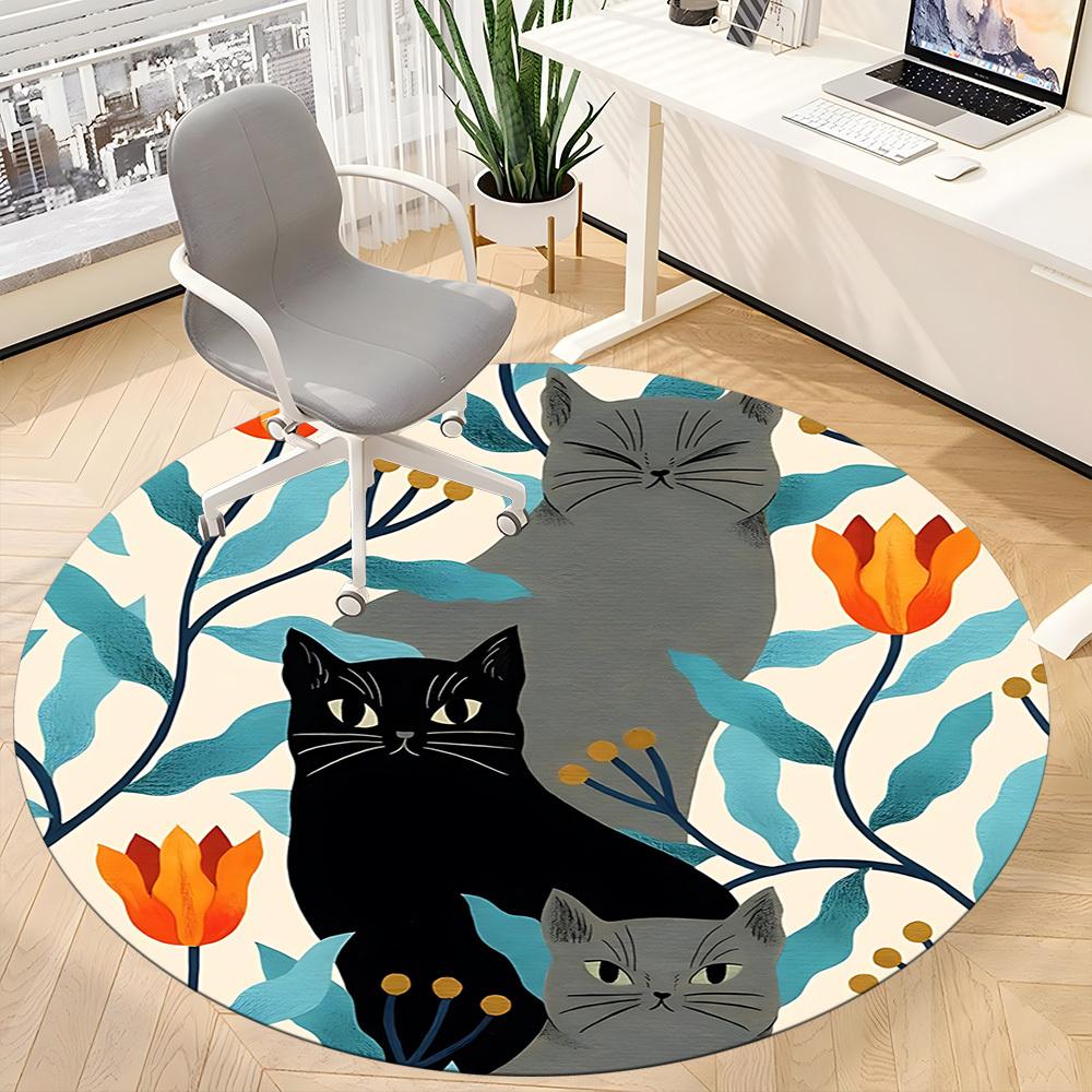 1pc Cat Floral Office Round Area Rug,  Mat Suitable For Office, Under Office Chairs Bedroom Living Room Home Decor, Room Deco