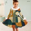 Girls High Neck Long Sleeve Geometric Printed Green Khaki Bow Decor Furry Trim A Line Flared Dress