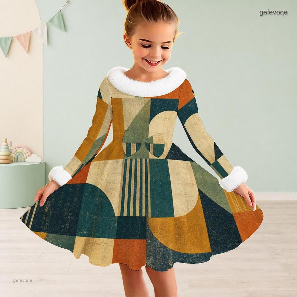 Girls High Neck Long Sleeve Geometric Printed Green Khaki Bow Decor Furry Trim A Line Flared Dress