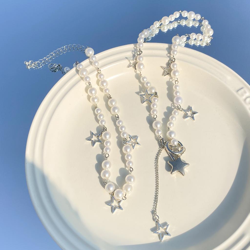 Hip Hop Babes Wind Star Pendant Necklace Choker Temperament Round Bead Imitation Pearl Metal Chain Necklace