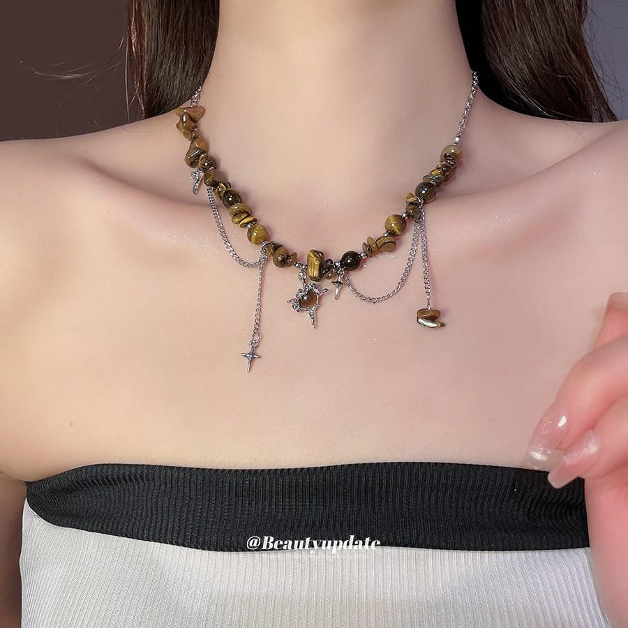 18k vergoldete Tigerauge Perlenanhänger Halskette - Retro Schlüsselbeinkette für Herbst/Winter.