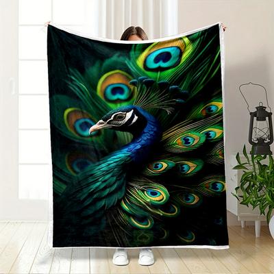 Vivid Peacock Feather Pattern with Eye-like Designs In Green and Blue. for All Seasons Blanket Lunch Break Throw Gift