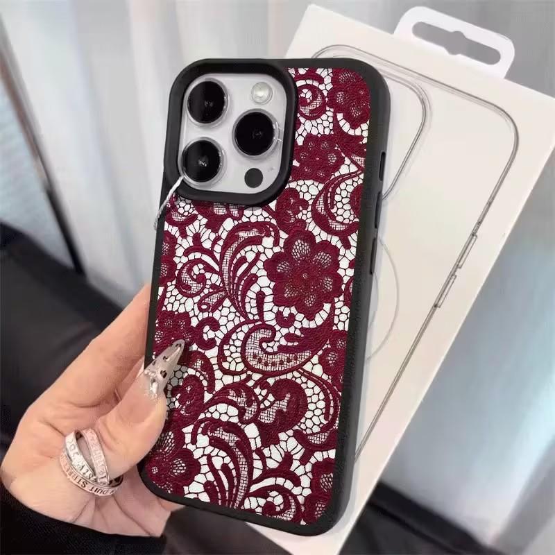 Burgundy Lace Elegance Lichee leather pattern Phone Case For iPhone 17 16e 16 15 14 13 12 11 Air Pro Max Plus X XR XSMax Cover