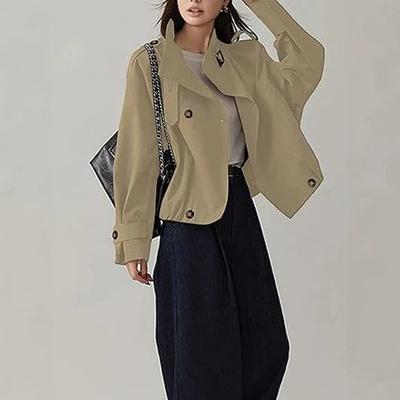 Women's Jacket Fashion Vintage Windbreaker High Neck Crop Top Pocket Coat