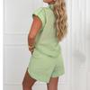 Womens  Cotton Linen Two Piece Outfits Spring Summer Shorts Set Cap Sleeve Button Down Tops And Shorts Sets