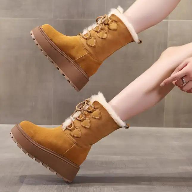 9 см коровья замша натуральная кожа ботильоны на плоской подошве обувь на танкетке зимние — фото 4