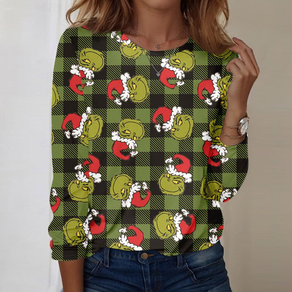 Women's Fashion Casual LongSleeve Print Round Neck Pullover Top Blouse