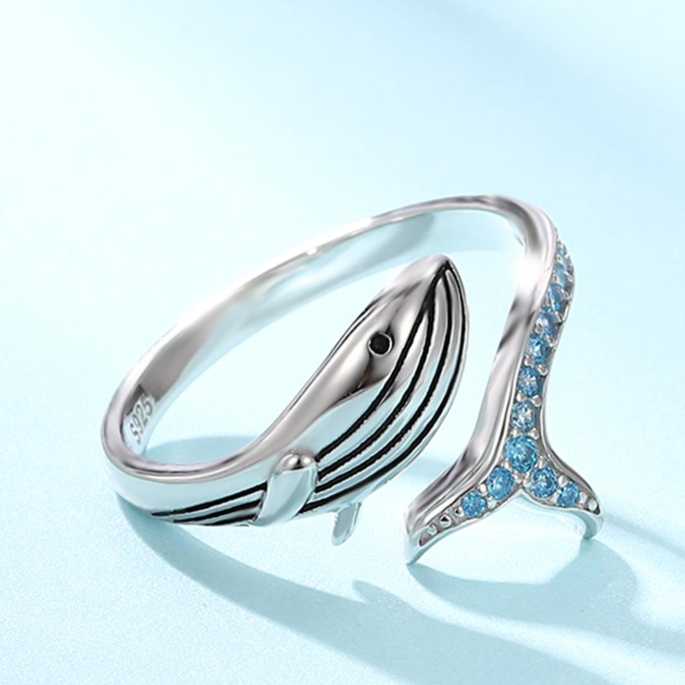 925 Silver Whale Adjustable Finger Cute Sea Animals Fish Open Ring Birthday Christmas Jewelry Gift for Women Teen Girls