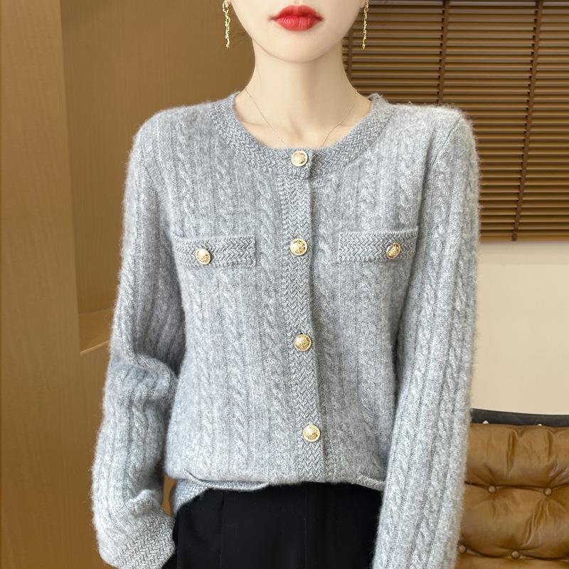 New Autumn and Winter Style Pure Wool Round Neck Knitted Cardigan for Women's Fashionable Versatile and Comfortable Cashmere Sweater Jacket