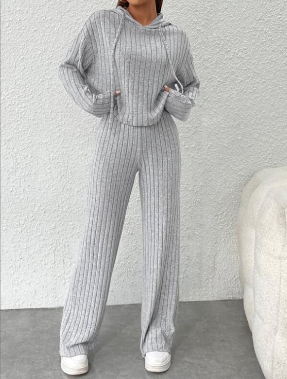

European & American Casual Striped Hooded Sweater & Trousers Set for Women - Spring/Autumn M світло-сірий колір