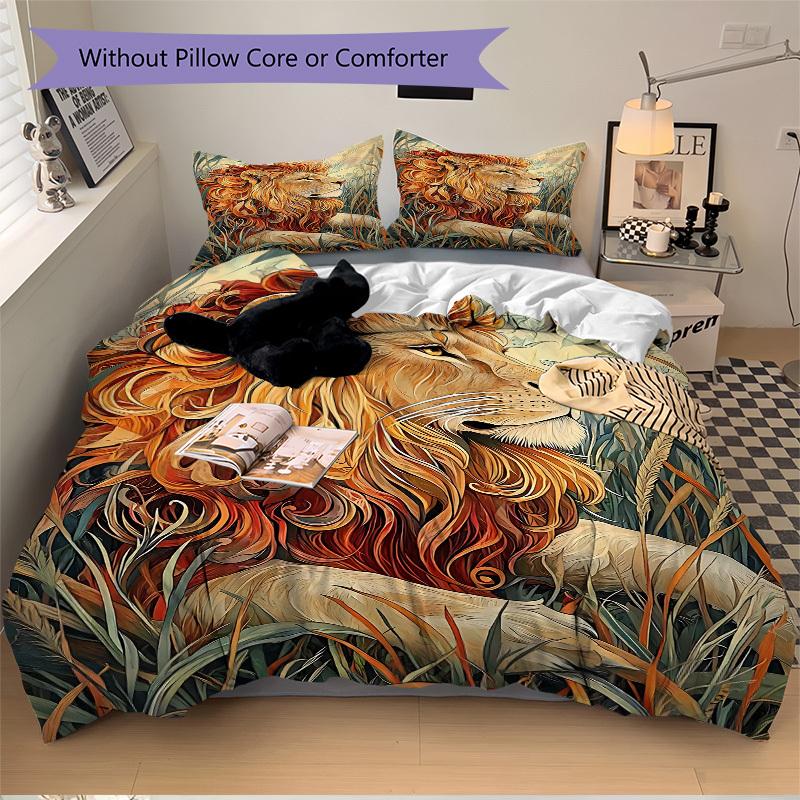 3pcs Bedding Set Lion Safari Includes 1 Comforter + 2 Pillowcases, Without Pillow Inserts, Soft Comfortable,a0909107