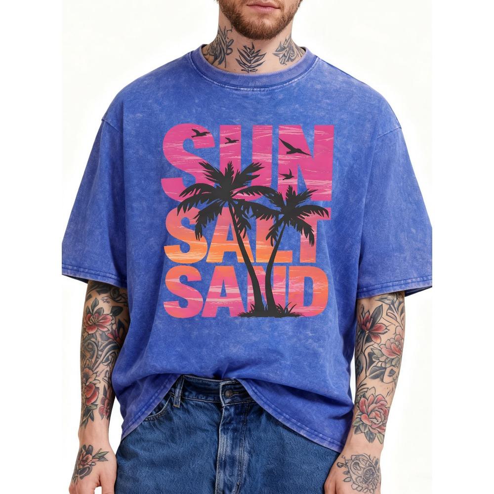 Sun Salt Sand Pattern Street Sport Streetwear Man Loose Soft Washed T Shirt Summer Casual Short Sleeve Cotton T-Shirt