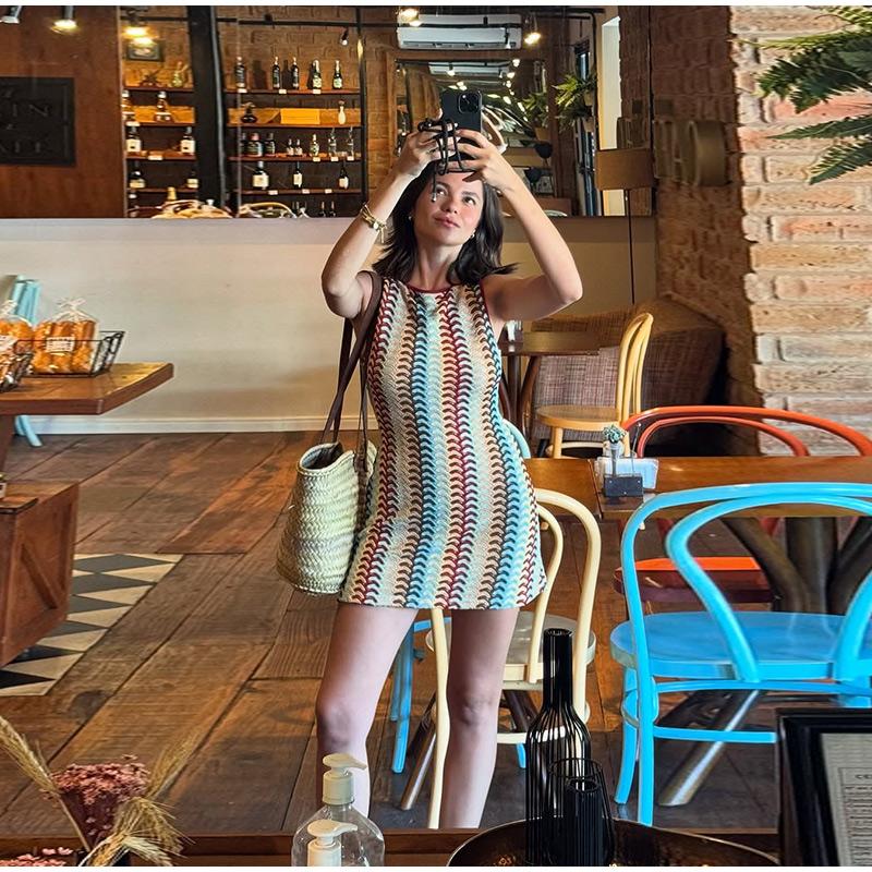 Summer New Style European and American Style Crocheted Floral Contrast Color Sleeveless Dress