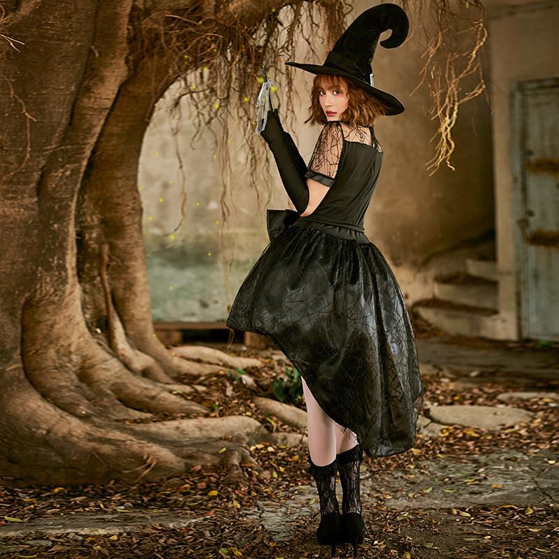Black Lace Mesh Witch Tailcoat Dress Costume For Halloween Party Events Cosplay