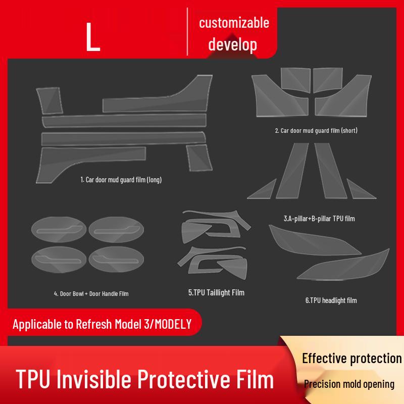 Tesla Model 3/Y TPU Anti-Mud Smoked Film: Headlight, Taillight, Center Pillar, Door Handle Protection.