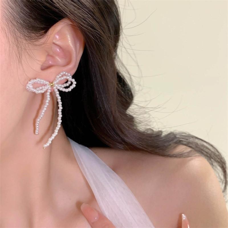 1 Pair Exaggerated All-Matched Earings Pearls Bowknot Ear Jewelry Niche Temperament Earrings for New Year Birthday Gift