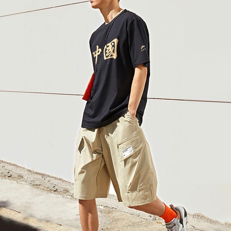 Li-Ning Pure Color Chinese Print Casual Short Sleeve T-Shirt Men Tops Black AHSS511-2