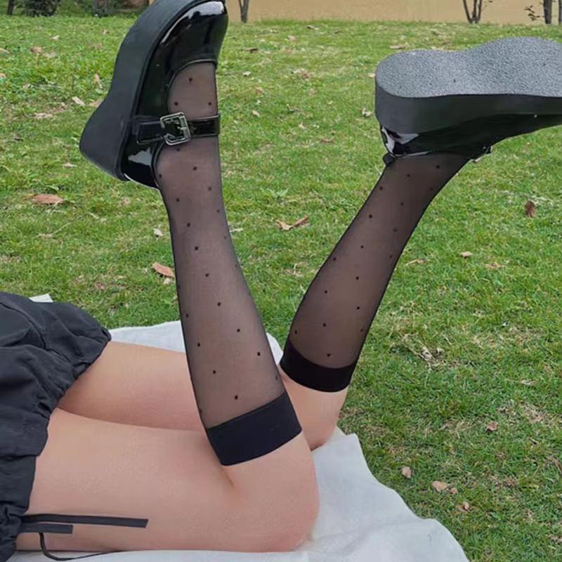 1Pair/2Pairs/3Pairs,Black Polka Dot Mesh Calf Socks, All-match Thin Breathable Knee High Socks, Women's Stockings & Hosiery