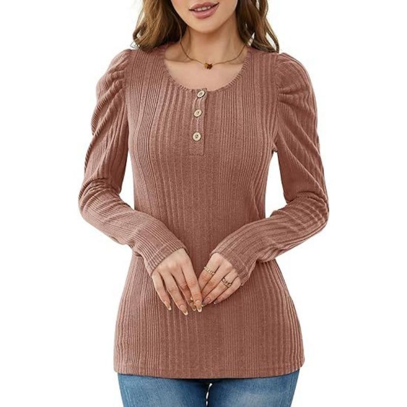 YYFS Women's Fashion Casual Spring Fall Solid Color Print Long Sleeve U-Neck Blouses & Shirts