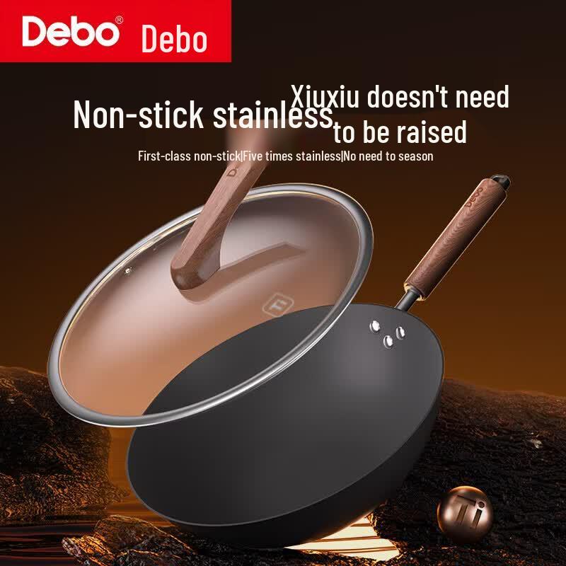 Debo 32cm Titanium Cast Iron Non-stick Wok with Steamer & Lid