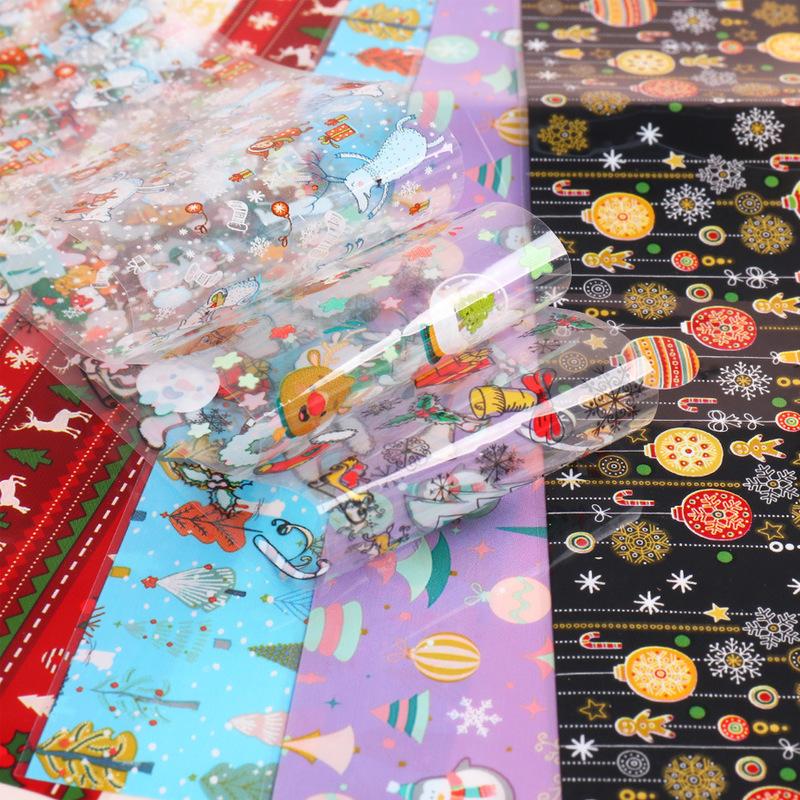 10 Sheet Winter Xmas Nails Transfer Foil Christmas Santa Claus Elk Colorful Starry Sky Paper DIY Stickers for Manicure Tips