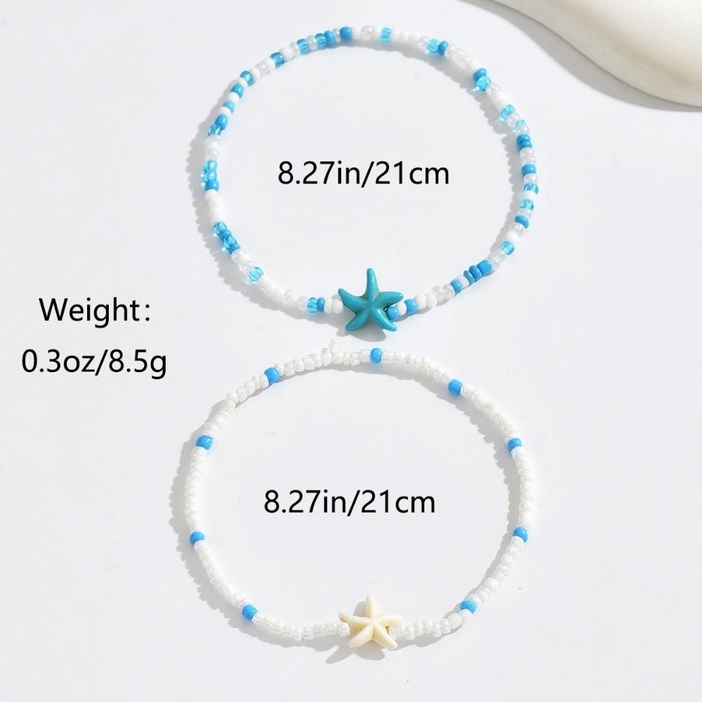 2Pcs Starfish Beaded Beaded Anklets Chain Set Bohemian Style Foot Bracelets  Jewelry Accessories