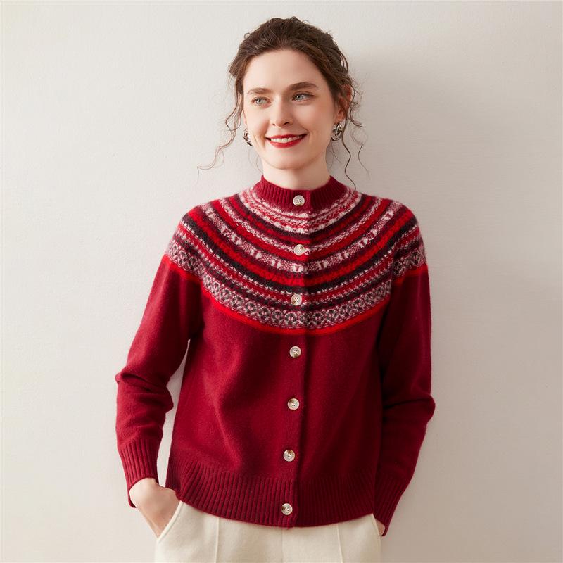 Women's Fair Isle Cashmere Button-Up Cardigan - Round Neck, Loose Fit, Thick, Autumn/Winter Style.