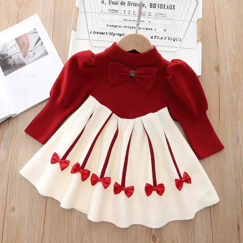 

Girls Casual Dresses Bow Puffy Sleeve Sweater Girls Winter Clothes Kids Dresses for Girls 2 To 8 Years Princess Dress Toddler 130 червоний