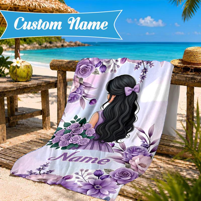 Custom Name Floral Princess Beach Towel Microfiber Beach Towel, Lightweight and Quick-Dry, for Summer Travel, Swimming Pool Gift